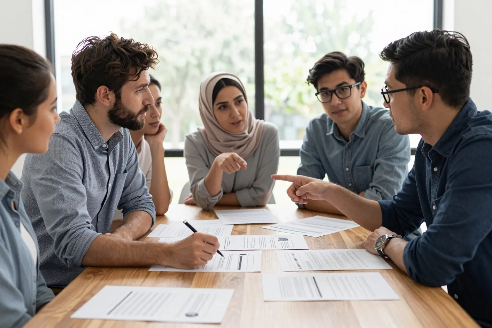 Il team dell'agenzia al lavoro intorno a un tavolo pieno di bozze